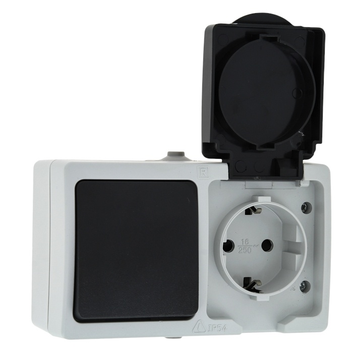 Блок Розетка-выключатель 1-кл. 16А с з/к с крышкой IP54 серый с з/ш Венеция EKF фото 1
