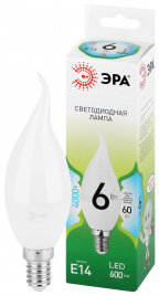 Лампа светодиодная ЭРА GREEN LINE LED BXS-6W-840-E14 GL 6Вт свеча на ветру яркий белый свет E14