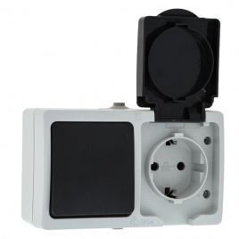 Блок Розетка-выключатель 1-кл. 16А с з/к с крышкой IP54 серый с з/ш Венеция EKF