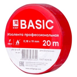 Изолента 0.18х19мм, 20 метров, класса А, красная EKF