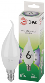 Лампа светодиодная ЭРА GREEN LINE LED BXS-6W-865-E14 GL 6Вт свеча на ветру холодный свет E14