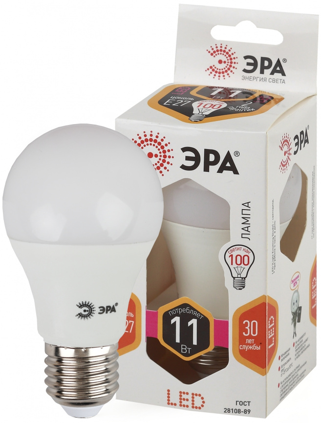 Лампа светодиодная ЭРА STD LED A60-11W-827-E27 11Вт груша теплый белый свет Е27 фото 1