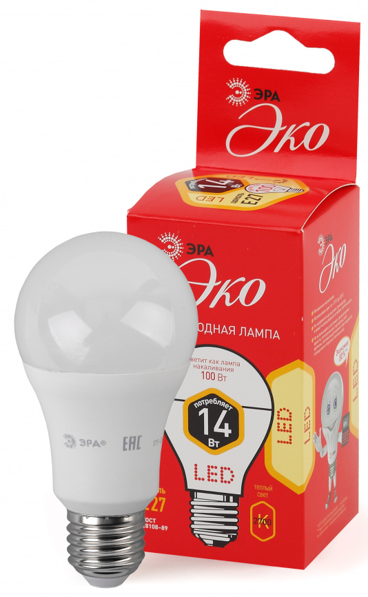 Лампа светодиодная ЭРА RED LINE ECO LED A60-14W-827-E27 14Вт груша теплый дневной свет Е27 фото 1