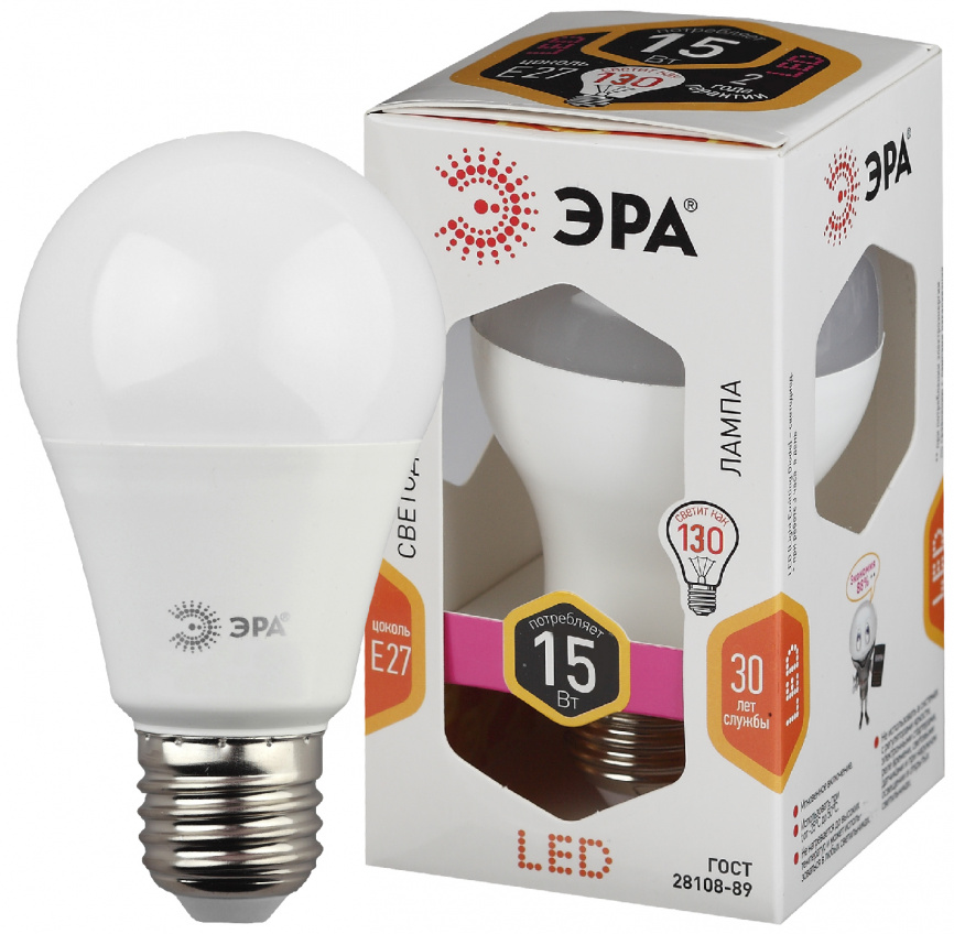 Лампа светодиодная ЭРА STD LED A60-15W-827-E27 15Вт груша теплый белый свет Е27 фото 1