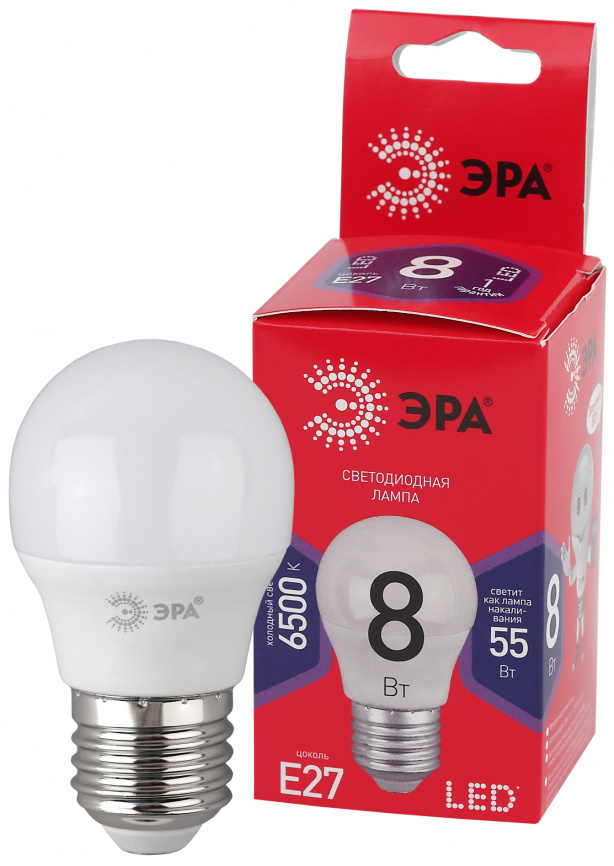 Лампа светодиодная ЭРА RED LINE LED P45-8W-865-E27 R 8Вт шар холодный дневной свет E27 фото 1