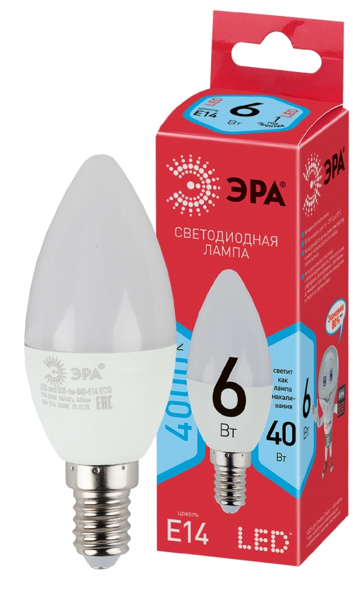Лампа светодиодная ЭРА RED LINE ECO LED B35-6W-840-E14 6Вт свеча нейтральный белый свет Е14 фото 1