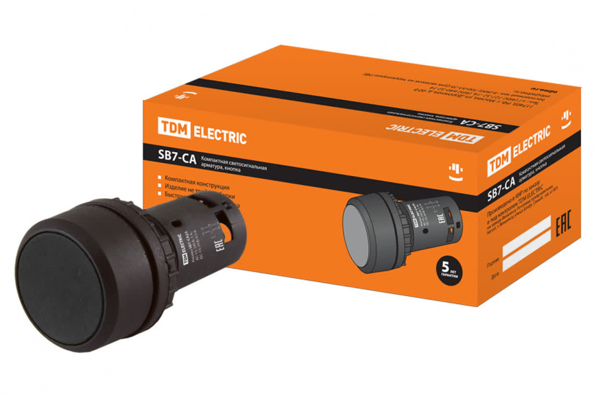 Кнопка возвратная черная SB7-CA25 d22мм 1з+1р TDM фото 1