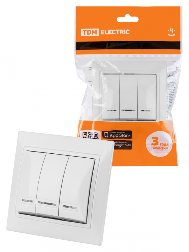 "Таймыр" Выключатель 3 кл. с подсветкой 10А белый TDM фото 1