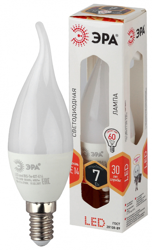 Лампа светодиодная ЭРА STD LED BXS-7W-827-E14 7Вт свеча на ветру теплый белый свет Е14 фото 1
