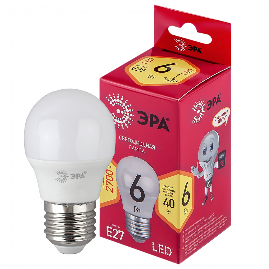 Лампа светодиодная ЭРА RED LINE LED P45-6W-827-E27 R 6Вт шар теплый белый свет E27 фото 1