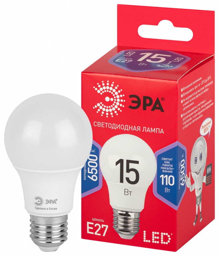 Лампа светодиодная ЭРА RED LINE LED A60-15W-865-E27 R 15Вт груша холодный дневной свет Е27 фото 1