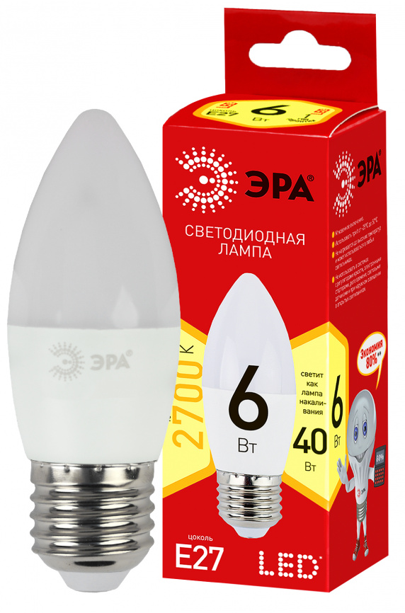 Лампа светодиодная ЭРА RED LINE ECO LED B35-6W-827-E27 6Вт свеча теплый белый свет Е27 фото 1