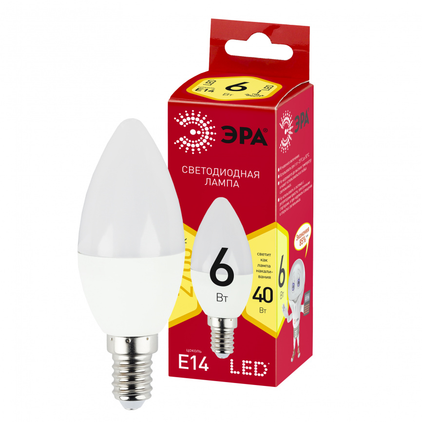 Лампа светодиодная ЭРА RED LINE LED B35-6W-827-E14 R 6Вт свеча теплый белый свет Е14 фото 1