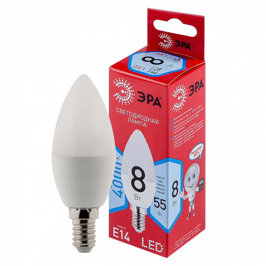 Лампа светодиодная ЭРА RED LINE LED B35-8W-840-E14 R 8Вт свеча нейтральный белый свет Е14 фото 1