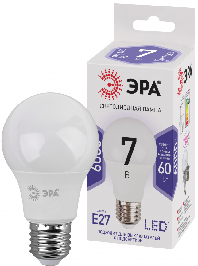 Лампа светодиодная ЭРА STD LED A60-7W-860-E27 7Вт груша холодный дневной свет Е27 фото 1