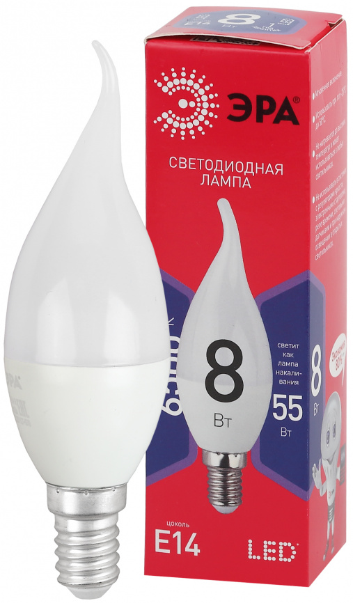 Лампа светодиодная ЭРА RED LINE LED BXS-8W-865-E14 R 8Вт свеча на ветру холодный дневной свет Е14 фото 1