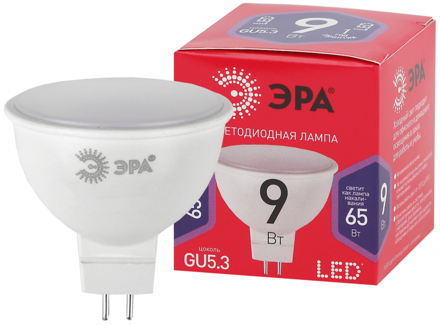 Лампа светодиодная ЭРА RED LINE LED MR16-9W-865-GU5.3 R 9Вт софит холодный дневной свет GU5.3 фото 1