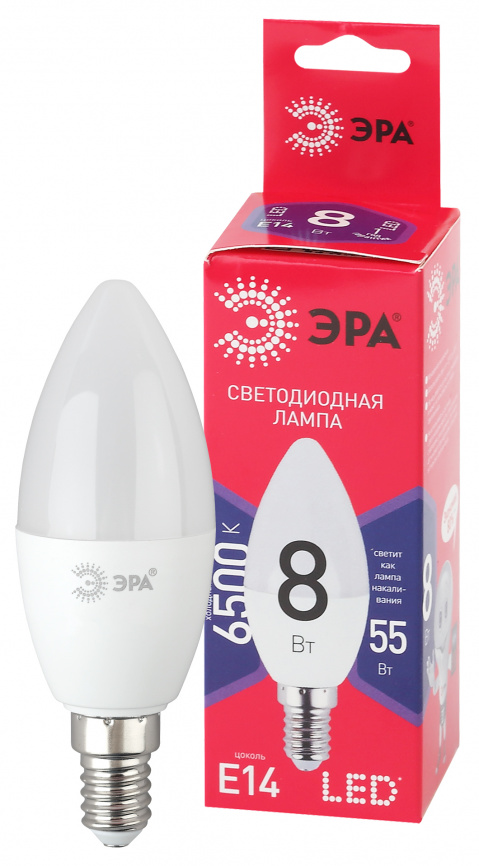 Лампа светодиодная ЭРА RED LINE LED B35-8W-865-E14 R 8Вт свеча холодный дневной свет Е14 фото 1