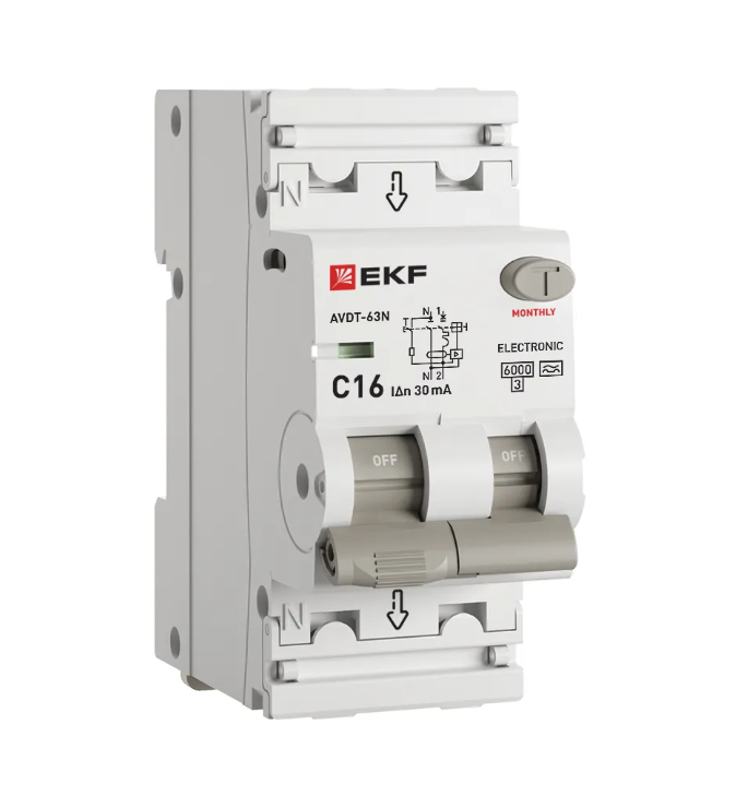 Диф.автомат АВДТ-63 16А/30мА (C), электронный тип A) 6кА EKF фото 1