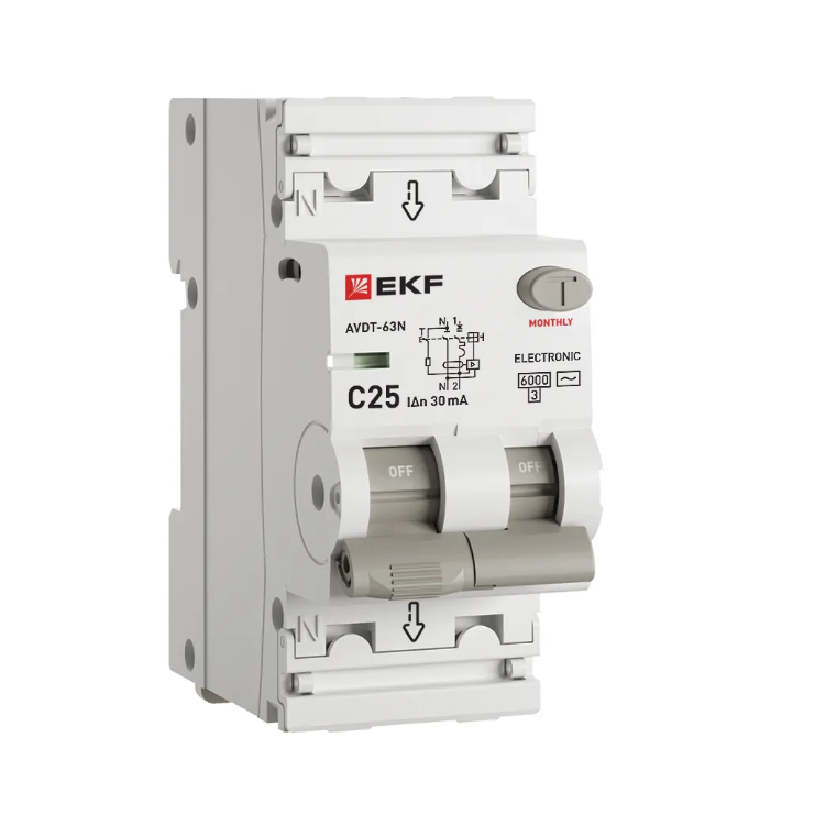 Диф. автомат АВДТ-63N 1P+N 25А (C) 30мА (AC) эл 6кА PROXIMA EKF фото 1