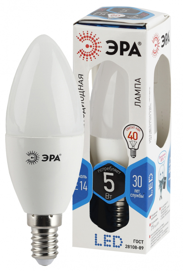 Лампа светодиодная ЭРА STD LED B35-5W-840-E14 5Вт свеча нейтральный белый свет Е14 фото 1