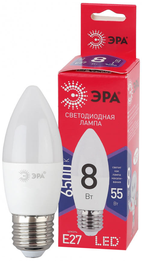 Лампа светодиодная ЭРА RED LINE LED B35-8W-865-E27 R 8Вт свеча холодный дневной свет Е27 фото 1