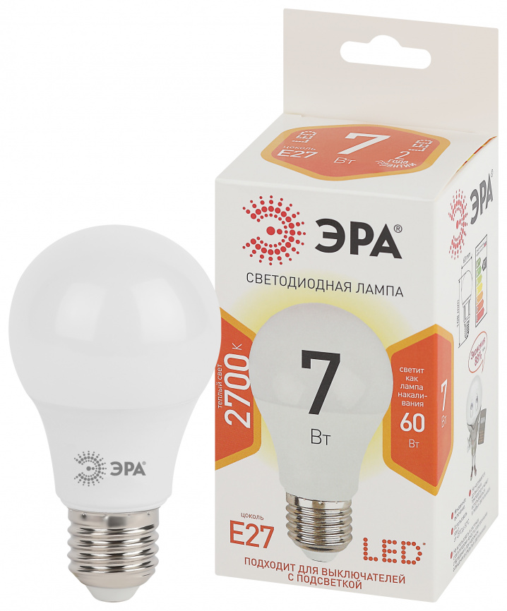 Лампа светодиодная ЭРА STD LED A60-7W-827-E27 7Вт груша теплый белый свет Е27, фото 1