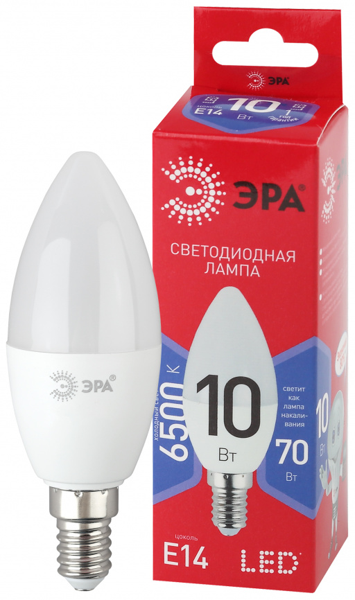 Лампа светодиодная ЭРА RED LINE LED B35-10W-865-E14 R 10Вт свеча холодный дневной свет Е14 фото 1