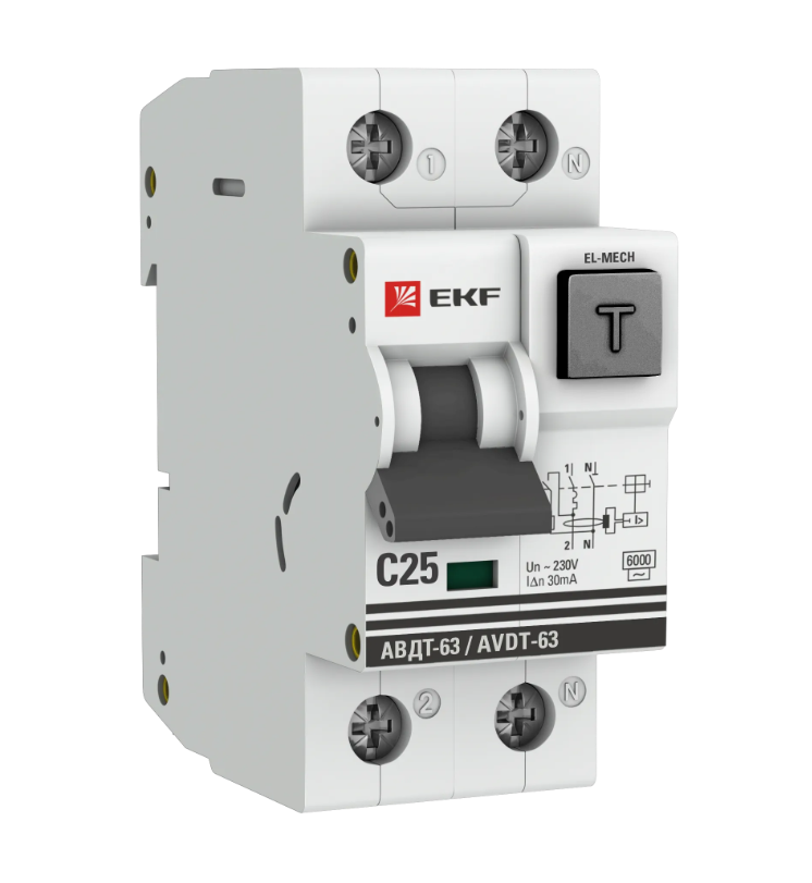 Диф.автомат АВДТ-63 25А/30мА (хар-ка С, эл-мех типАС) 6кА EKF фото 1
