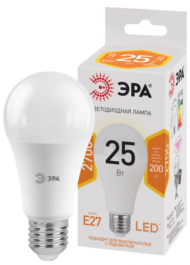 Лампа светодиодная ЭРА STD LED A65-25W-827-E27 25Вт груша теплый белый свет Е27 фото 1
