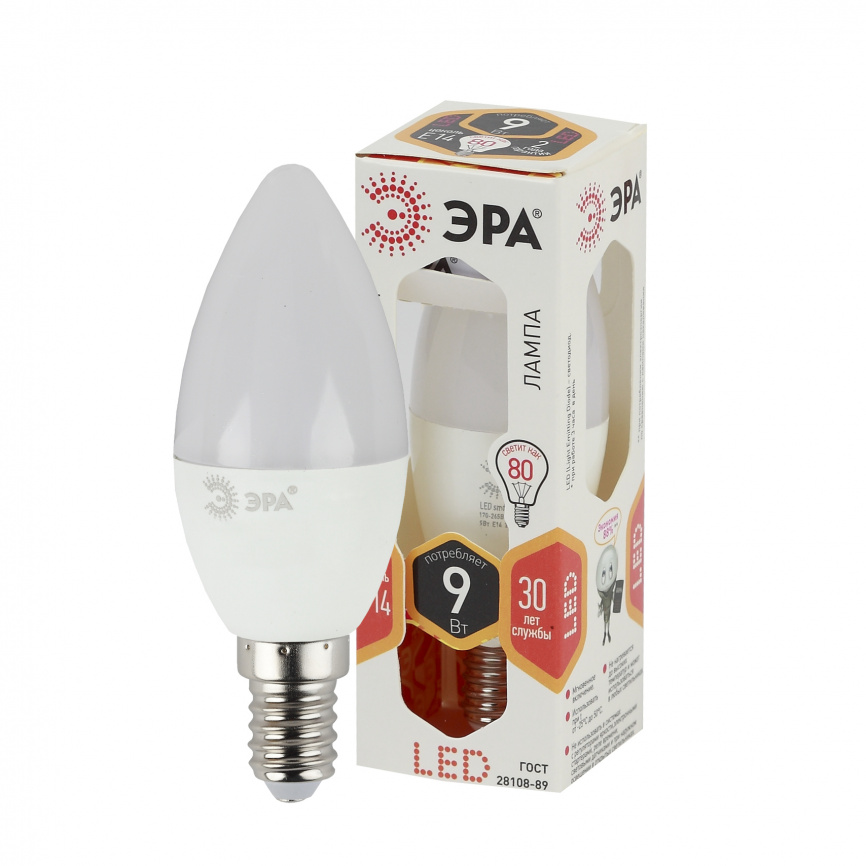 Лампа светодиодная ЭРА STD LED B35-9W-827-E14 9Вт. свеча теплый белый свет Е14 фото 1
