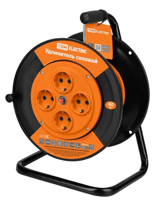 Удлинитель силовой УКз16-004 TDM (4 места/40м ПВС 3х1,0) фото 1
