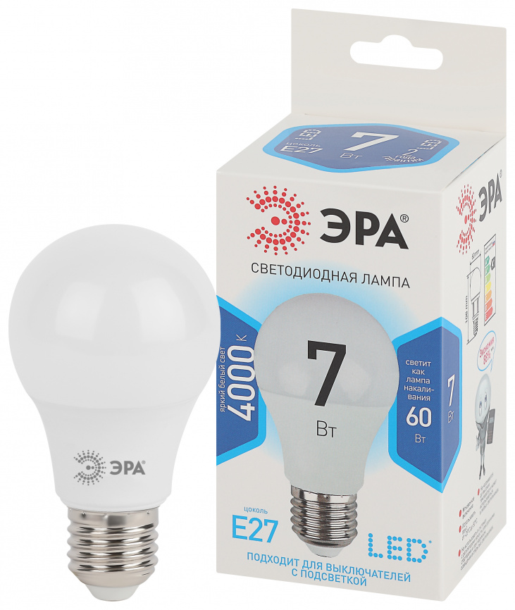 Лампа светодиодная ЭРА STD LED A60-7W-840-E27 7Вт груша нейтральный белый свет Е27 фото 1