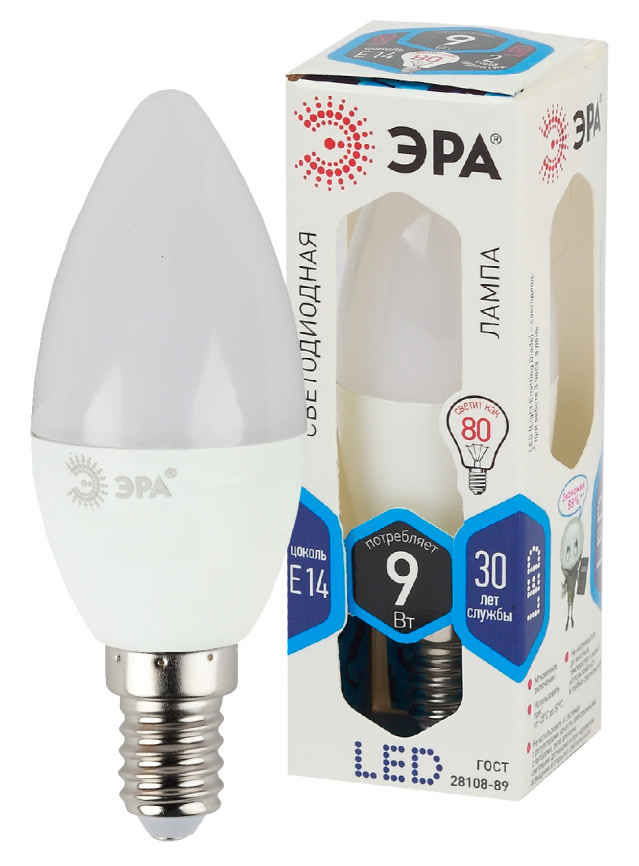 Лампа светодиодная ЭРА STD LED B35-9W-840-E14 9Вт свеча нейтральный белый свeт Е14 фото 1