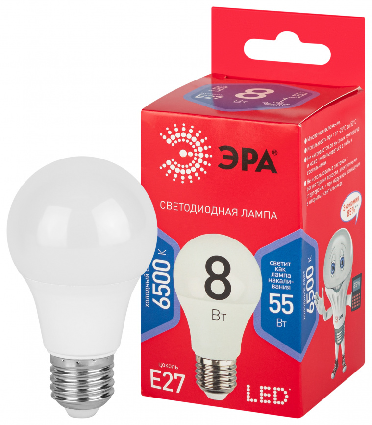 Лампа светодиодная ЭРА RED LINE LED A55-8W-865-E27 R 8Вт груша холодный дневной свет Е27 фото 1