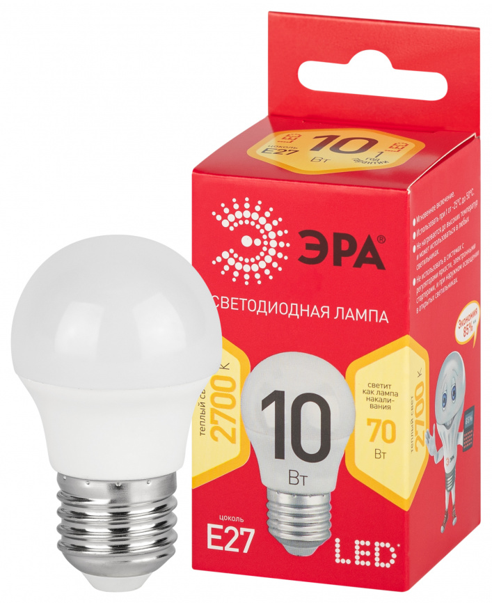 Лампа светодиодная ЭРА RED LINE LED P45-10W-827-E27 R 10Вт шар теплый белый свет E27 фото 1