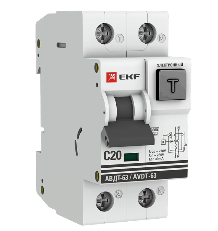 Диф.автомат АВДТ-63 20А/30мА (хар-ка C, электронный тип A) 6кА EKF фото 1