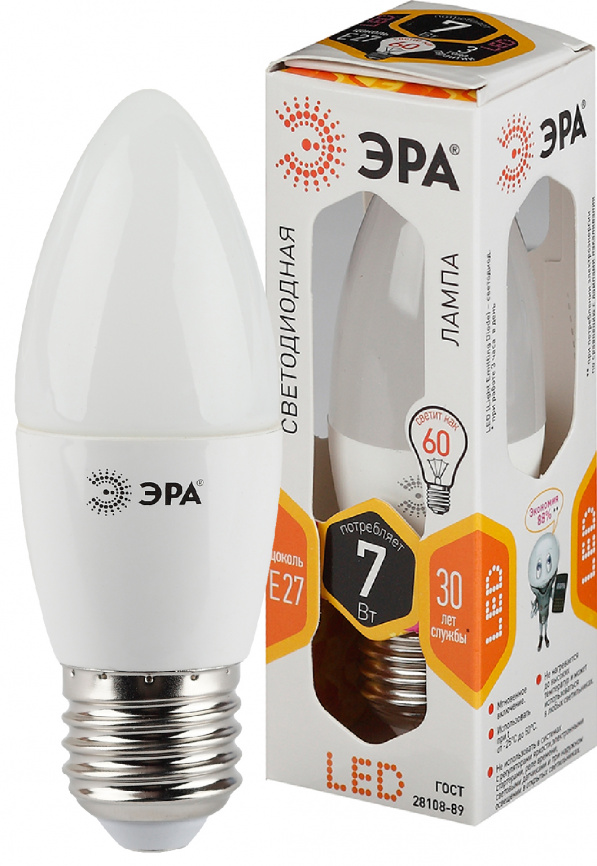 Лампа светодиодная ЭРА STD LED B35-7W-827-E27 7Вт свеча теплый белый свет Е27 фото 1
