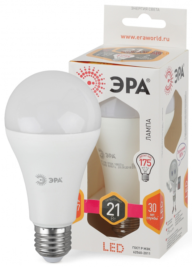 Лампа светодиодная ЭРА STD LED A65-21W-827-E27 21Вт груша теплый белый свет Е27 фото 1