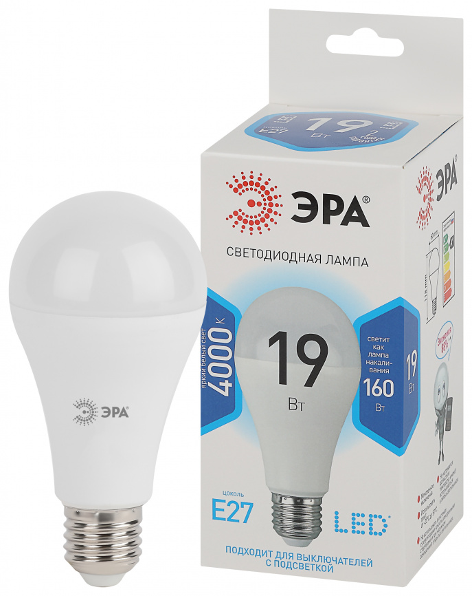 Лампа светодиодная ЭРА STD LED A65-19W-840-E27 19Вт груша нейтральный белый свeт Е27 фото 1