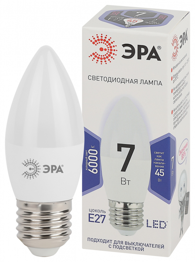 Лампа светодиодная ЭРА STD LED B35-7W-860-E27 7Вт свеча холодный дневной свет Е27 фото 1
