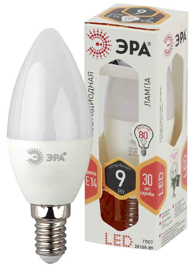 Лампа светодиодная ЭРА STD LED B35-9W-827-E14 9Вт свеча теплый белый свет Е14 фото 1