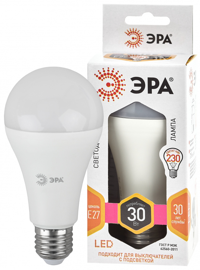 Лампа светодиодная ЭРА STD LED A65-30W-827-E27 30Вт груша теплый белый свет Е27 фото 1