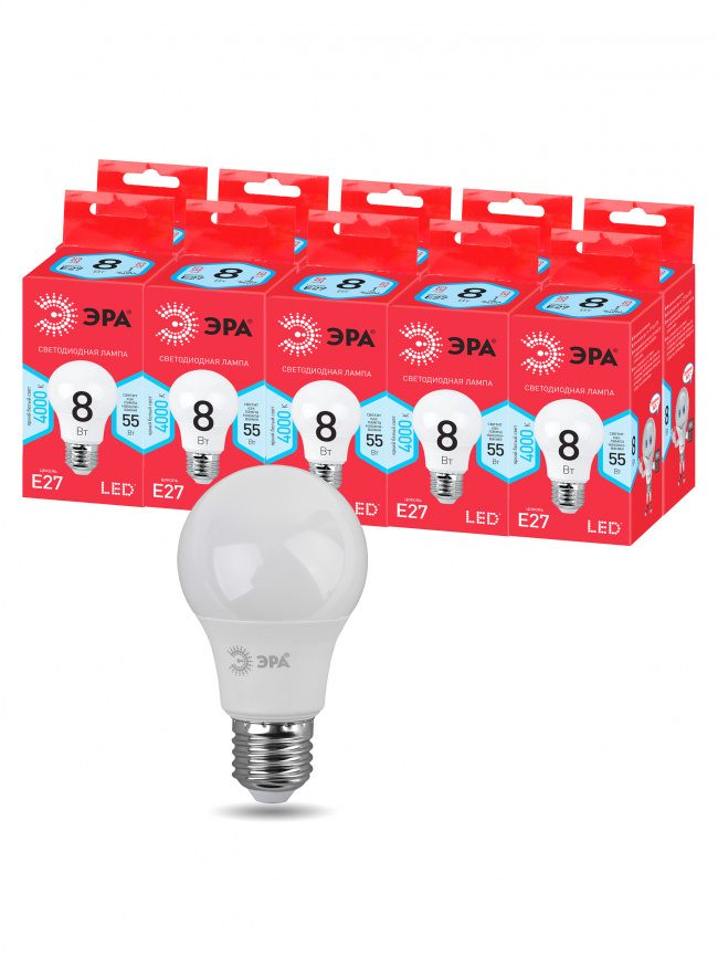 Лампа светодиодная ЭРА RED LINE ECO LED A55-8W-840-E27 8Вт груша нейтральный белый свет Е27 фото 1